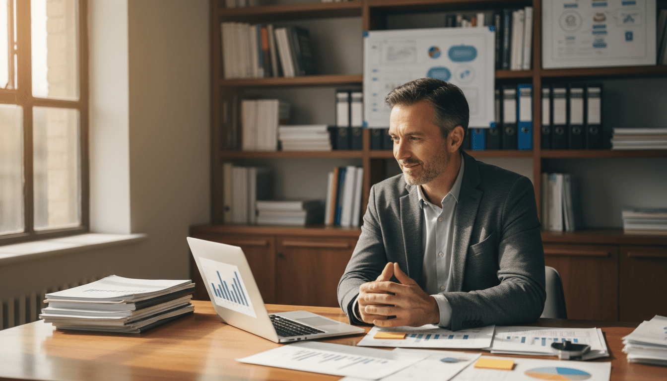 Garry Davies, business strategy consultant, seated at desk reviewing business strategy documents
