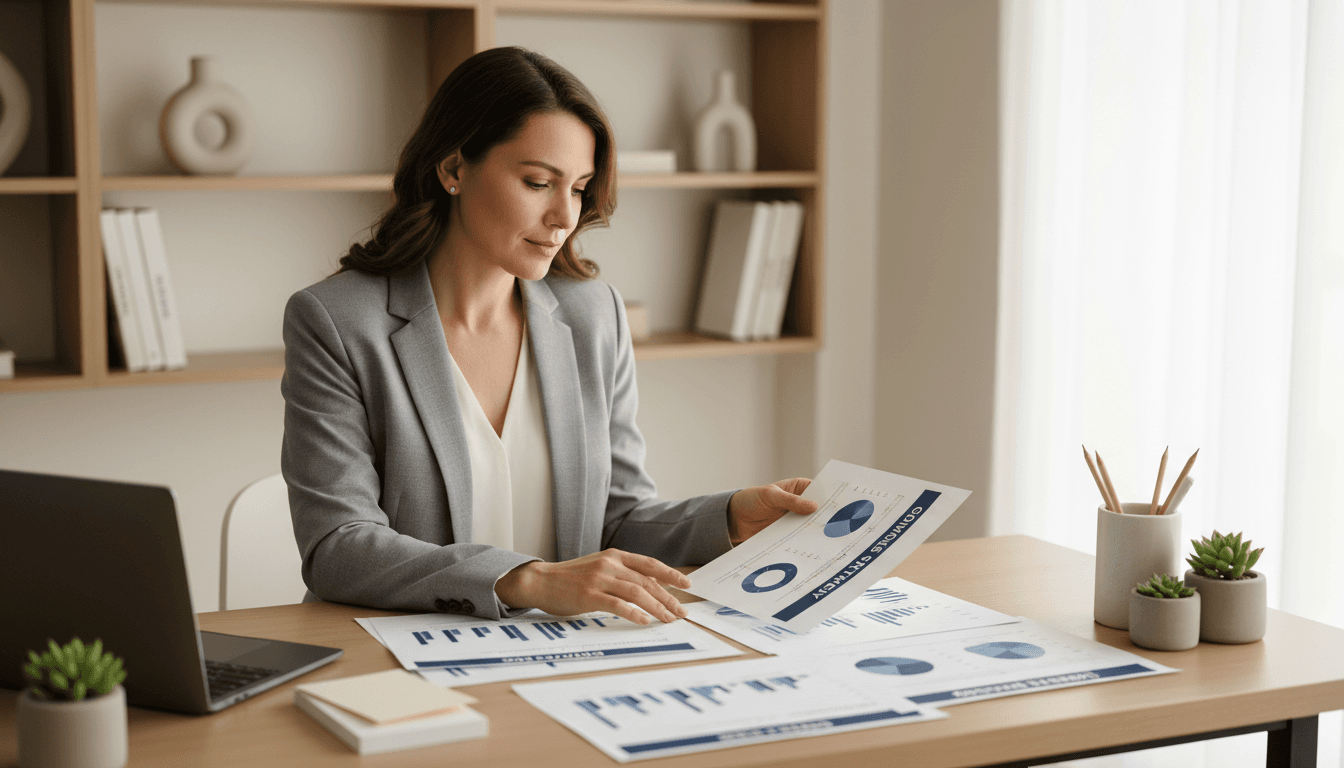 Business strategy consultant reviewing market research and growth plans