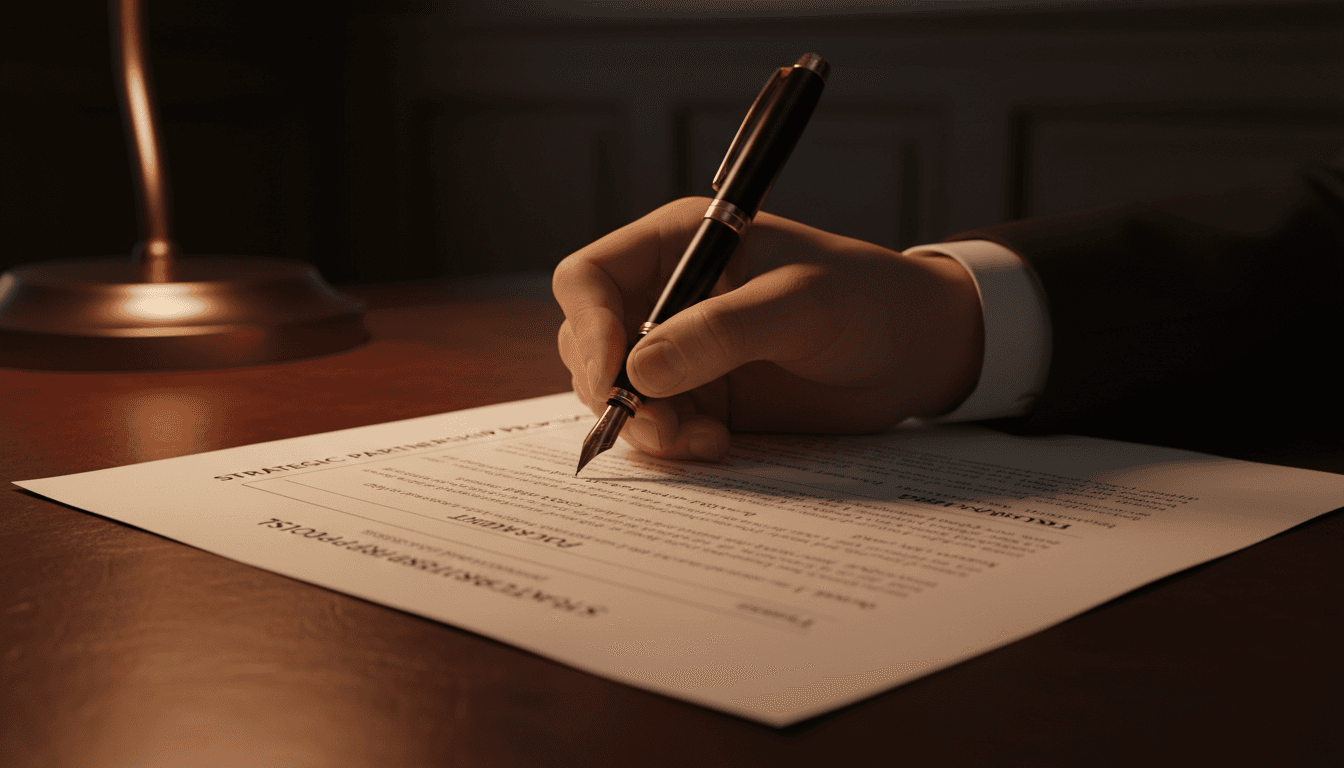 Close-up of hand writing strategic partnership notes