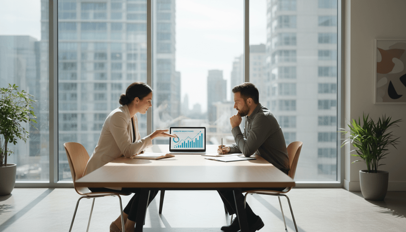 Two business professionals in focused discussion over growth strategy at conference table
