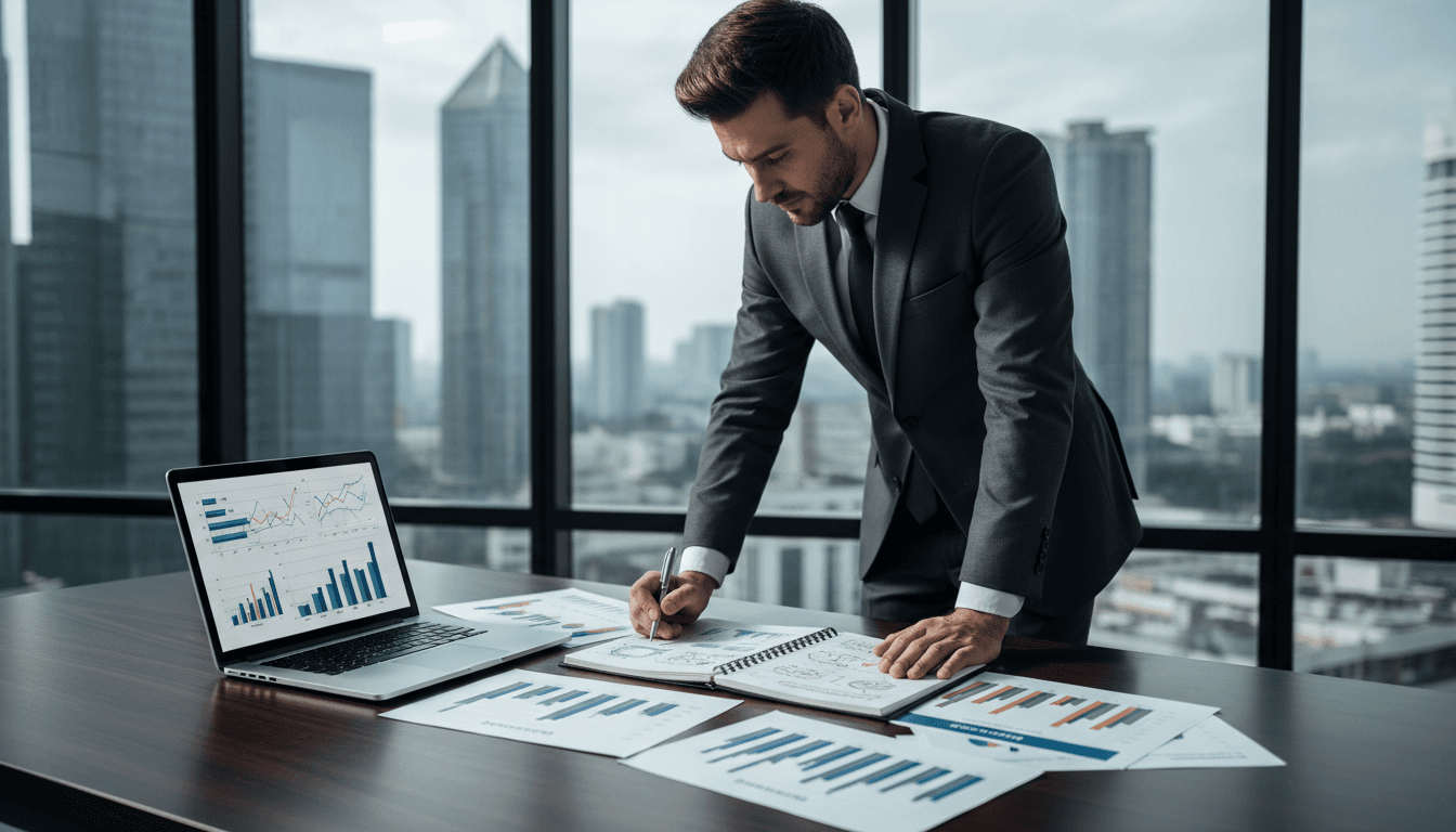 Professional strategist reviewing business growth charts and market analysis at an organized workspace