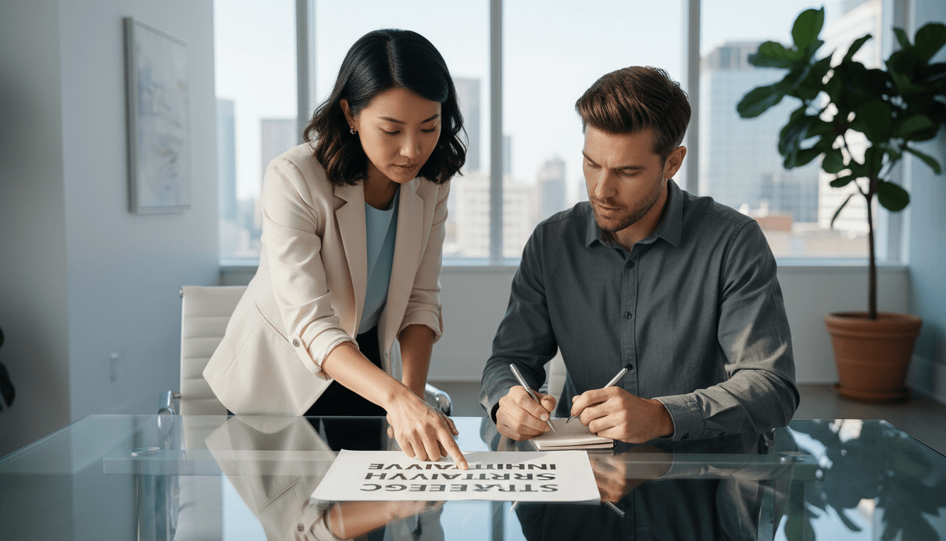 Two business consultants reviewing strategy document at modern conference table with natural light