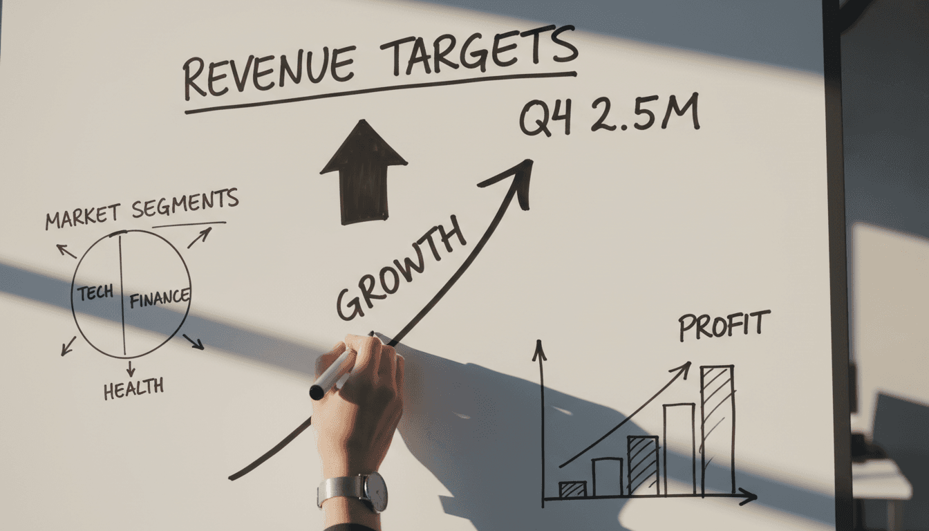 Hand writing financial metrics and growth arrows on whiteboard