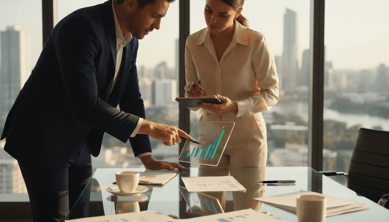 Two business consultants reviewing growth strategy charts and financial data together at a modern desk